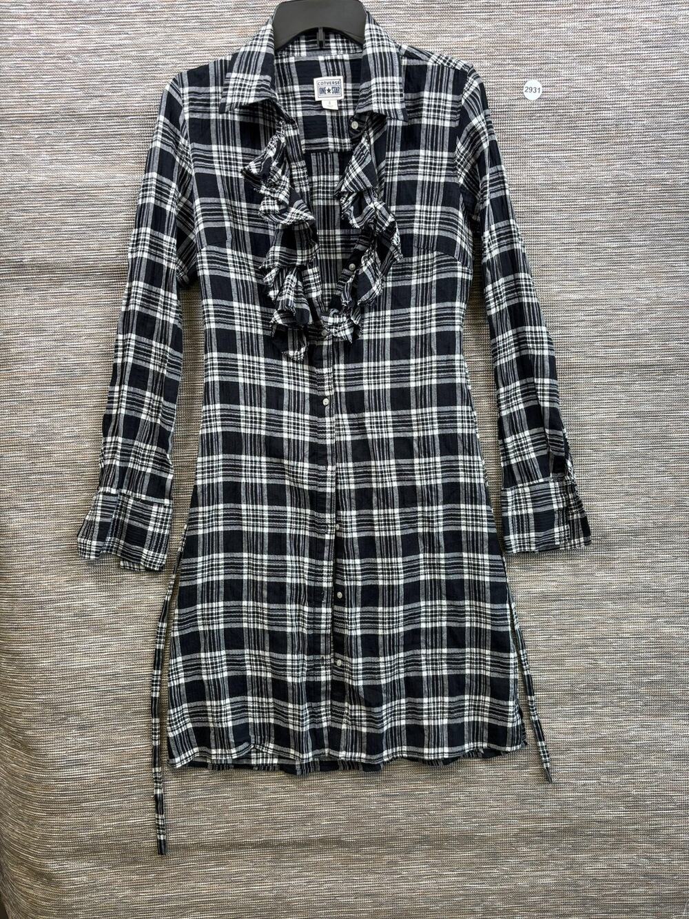 Converse One Star Shirt Dress Womens S Black Plaid Ruffle Belted Short Casual